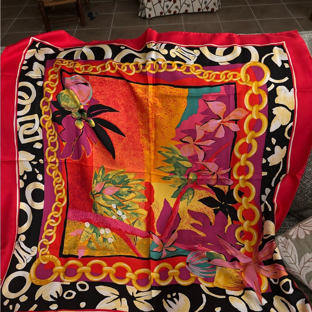 Celine silk  Floral & Chain Print Scarf - Red, Black, Orange, Pink